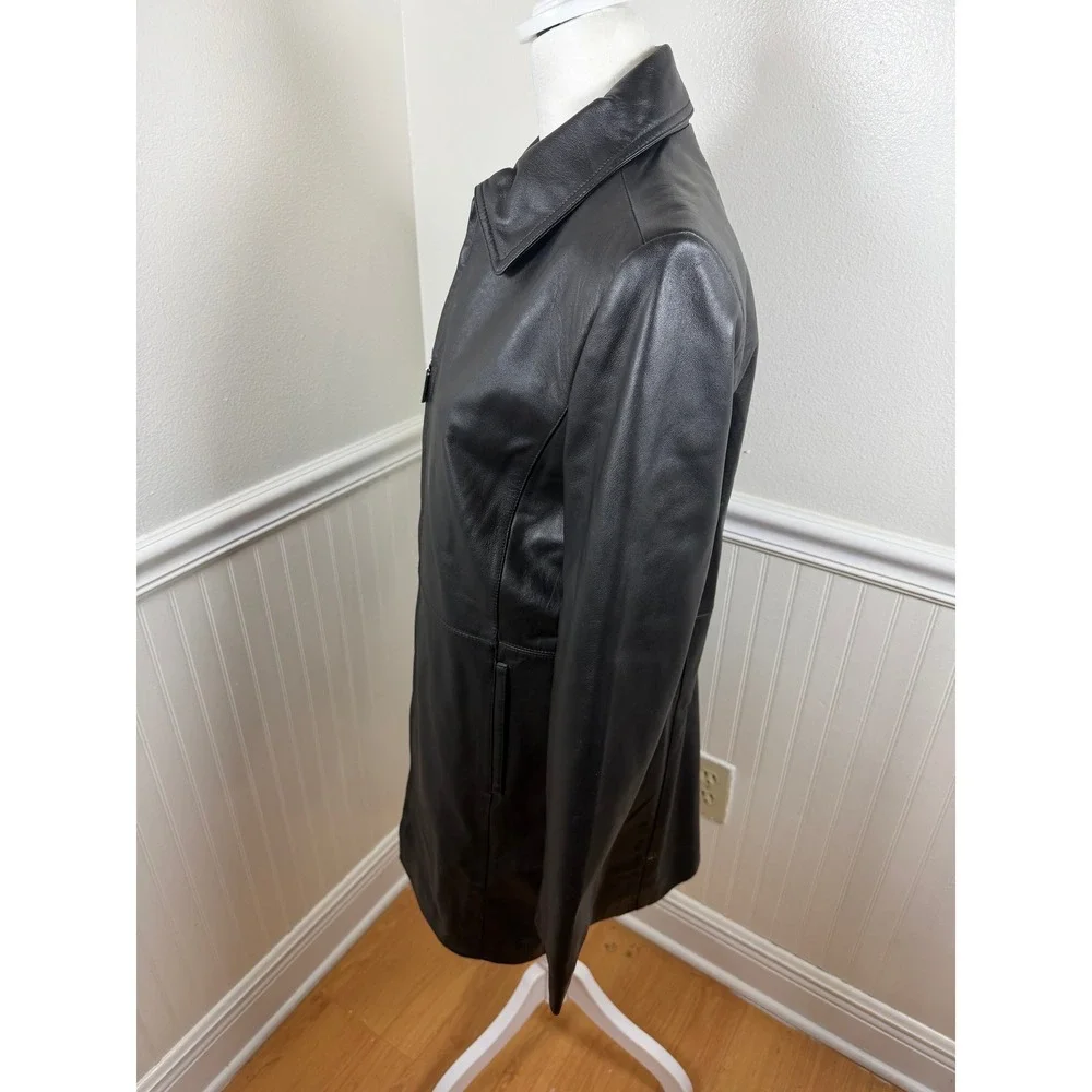 Jaclyn Smith Womens Black Leather Full Zip Collared Coat Casual Outerwear Size S
